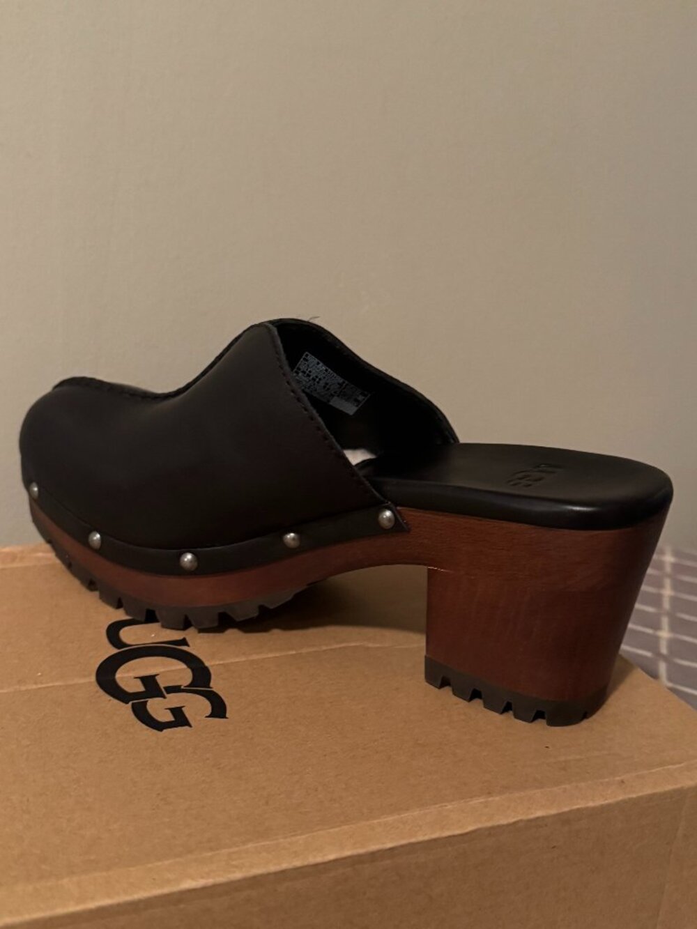 UGG Judi black leather / brown heel, Heel 2 3/4 inch.  Classic nailhead details.